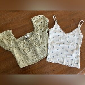 Hollister set of 2 sage green eyelet top and lace trim blue floral tank top